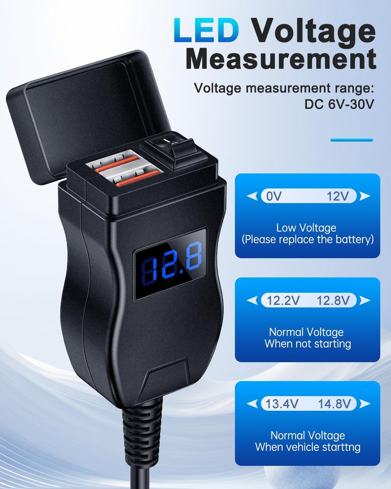 EXTRACTME Motorcycle USB Charger, Total 36W Dual USB QC3.0 Motorcycle Phone Charger with Voltage Monitor & ON/Off Switch, ATV/Motorcycle Accessories for All Phone, Tablet, GPS(Blue) - Image 3